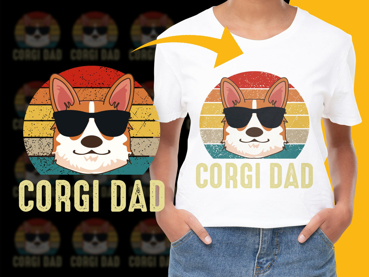 Corgi Dad T-Shirt with Retro Sunset, Cool Dog Lover Gift, Funny Graphic Tee for Men