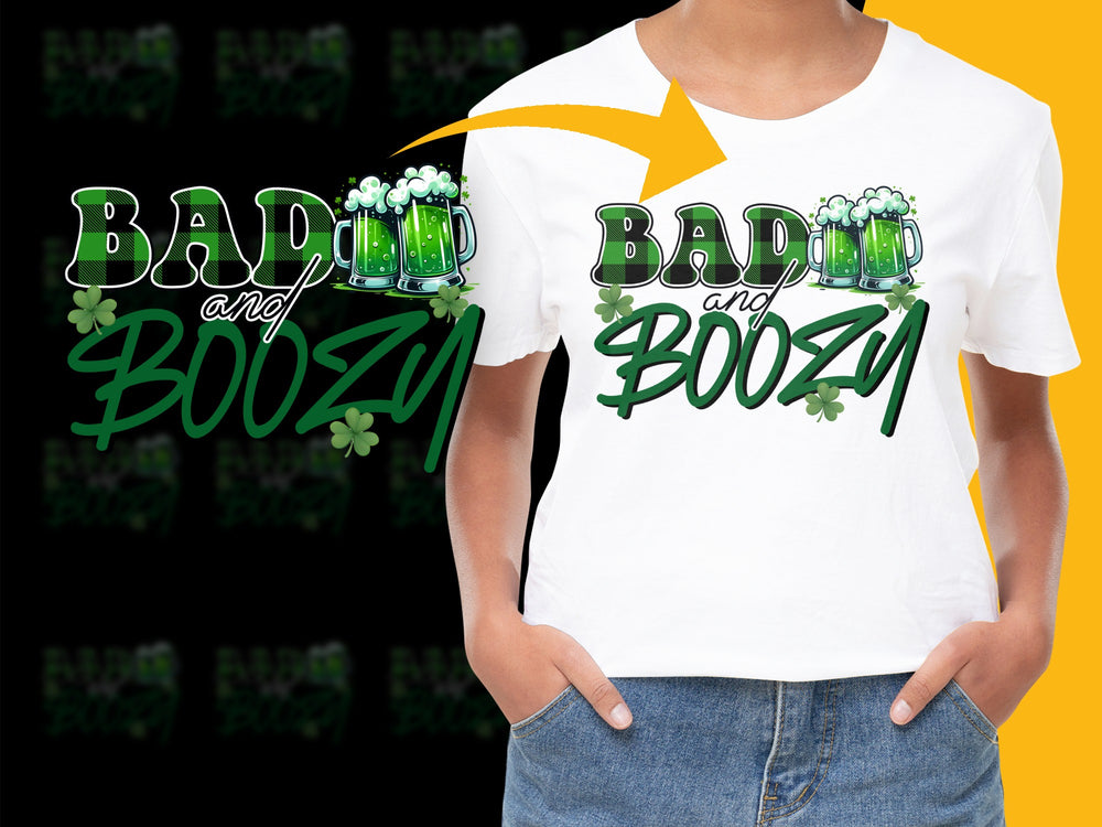 St. Patrick's Day T-Shirt Bad and Boozzy Graphic Tee Green Beer Party Outfit Unisex Casual Wear Spring Celebration Top