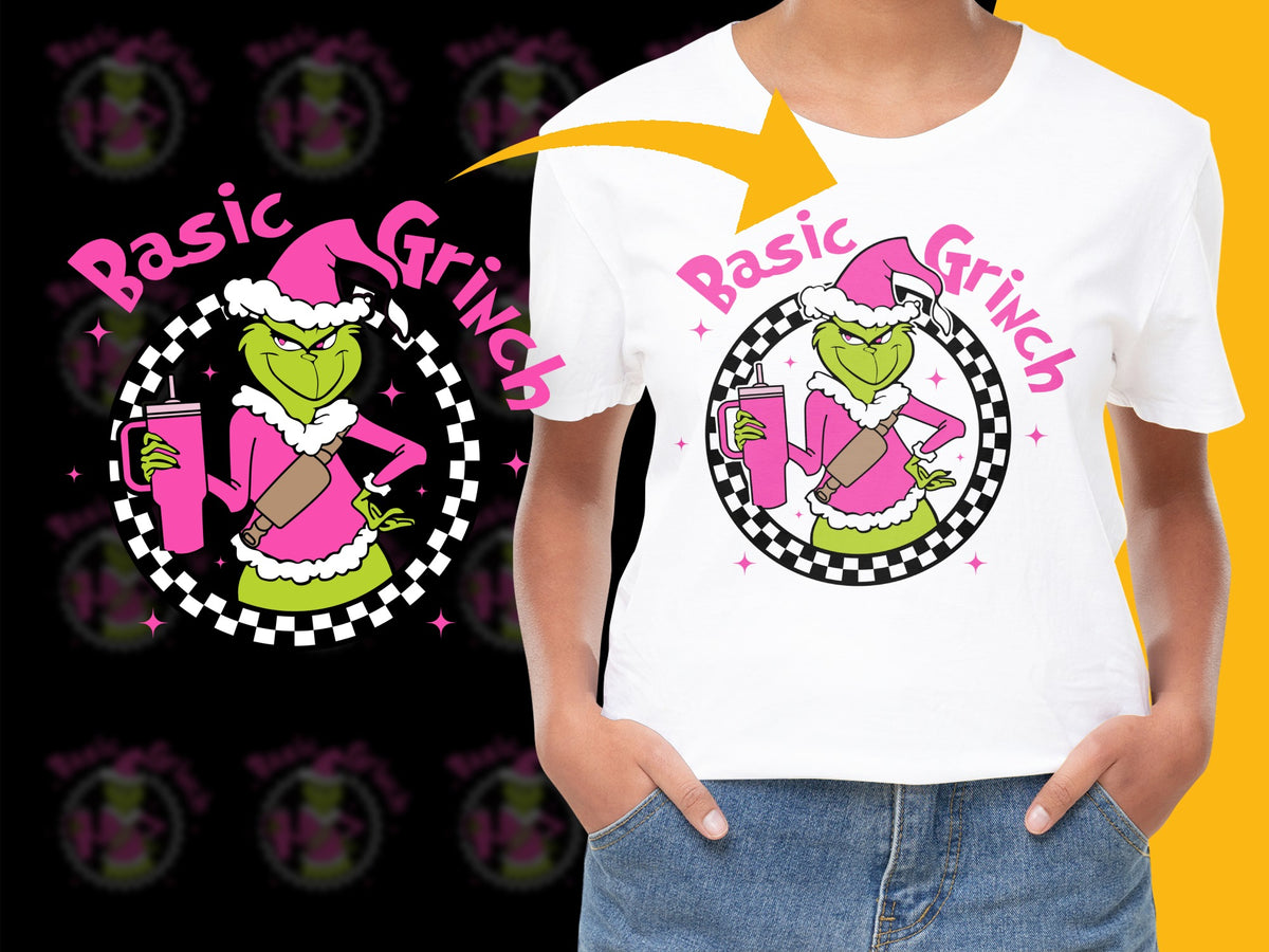 Basic Grinch Graphic T-Shirt, Pink and Black Checkered, Cartoon Character Tee, Unisex Casual Shirt