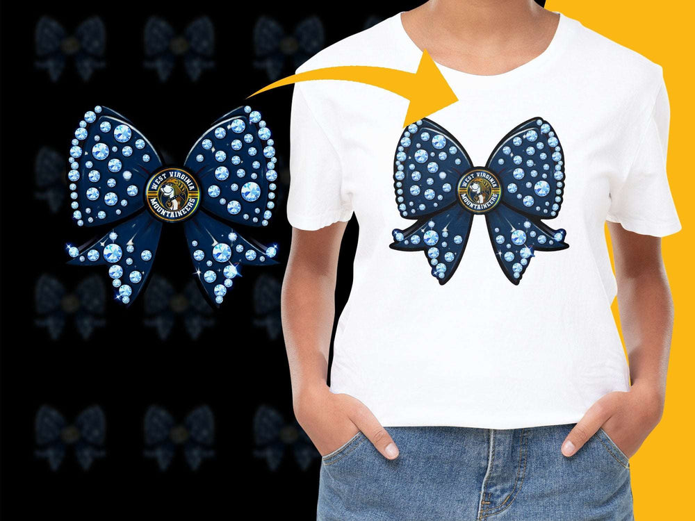Women's White T-Shirt with Blue Rhinestone Bow Design, Casual Chic Summer Top