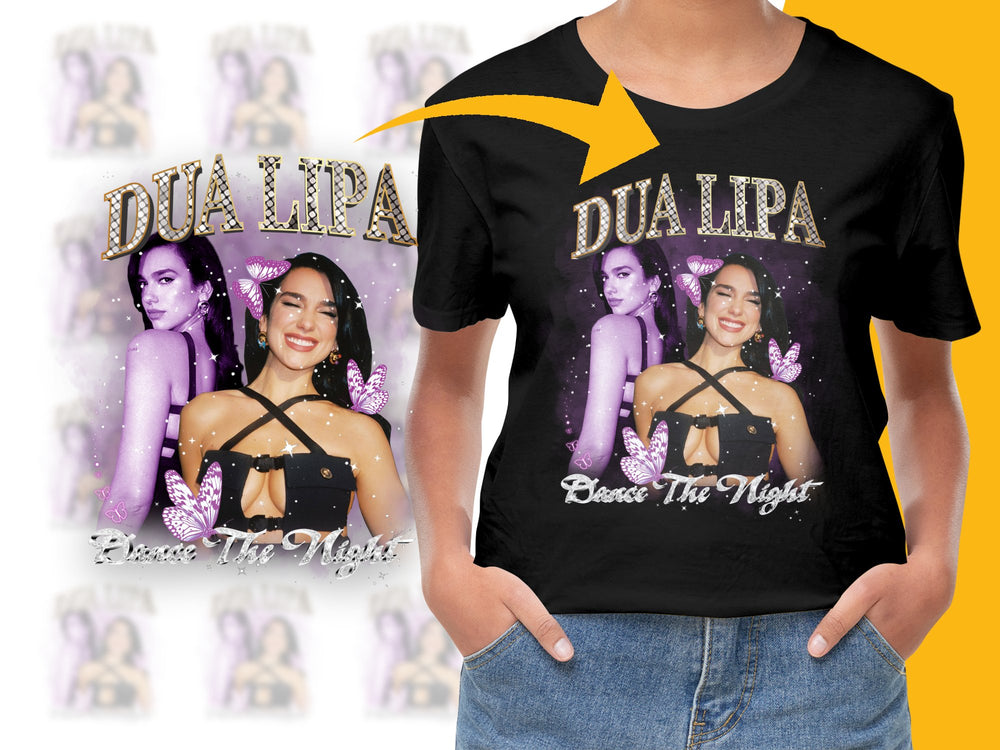 Dua Lipa Graphic T-Shirt, Dance the Night Women's Black Tee with Butterflies and Photos Design.