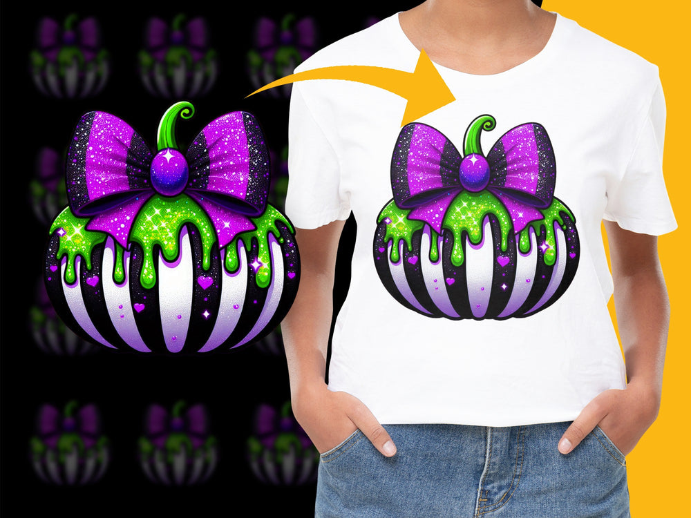 Halloween Pumpkin T-Shirt, Kids Spooky Tee, Purple Bow, Green Slime Design, Glitter Detail, Festive Holiday Apparel