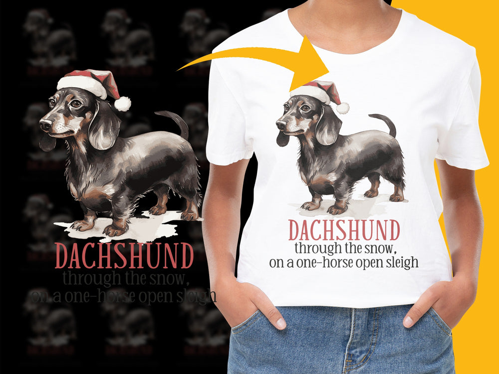 Dachshund Christmas T-Shirt, Cute Holiday Dog Tee, Santa Hat Puppy, Festive Winter Apparel, Unisex Adult Clothing, Gift for Dog Lovers