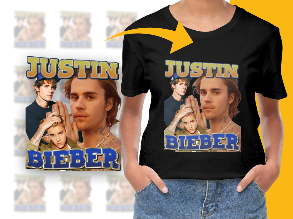 Justin Bieber Photo Collage T-Shirt, Pop Music Fan Merch, Unisex Black Tee