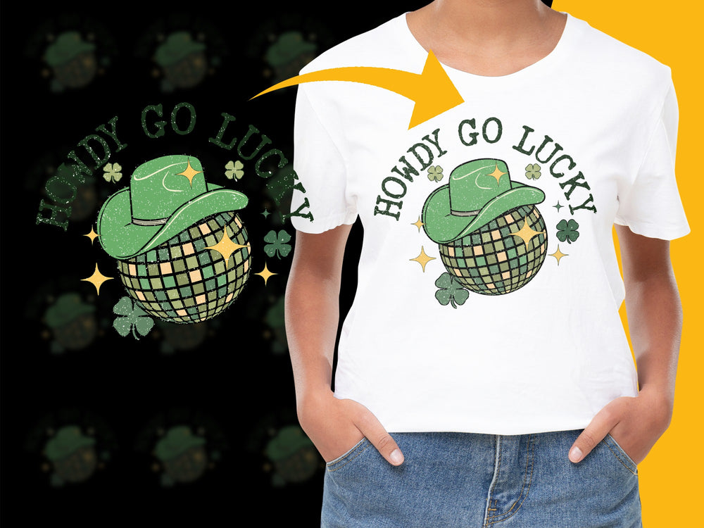 Howdy Go Lucky Western Style T-Shirt, Green Cowboy Hat Graphic Tee, Casual Country Fashion Shirt