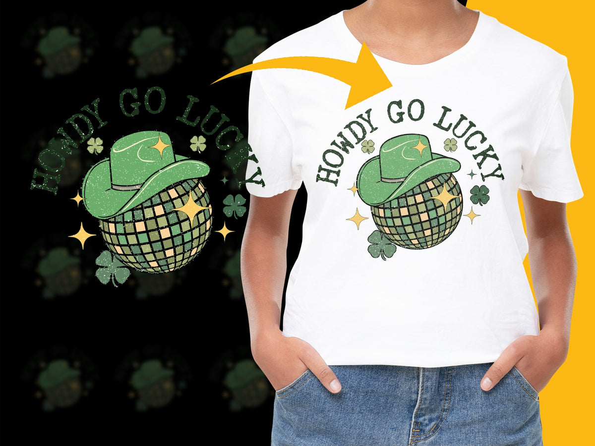 Howdy Go Lucky Western Style T-Shirt, Green Cowboy Hat Graphic Tee, Casual Country Fashion Shirt