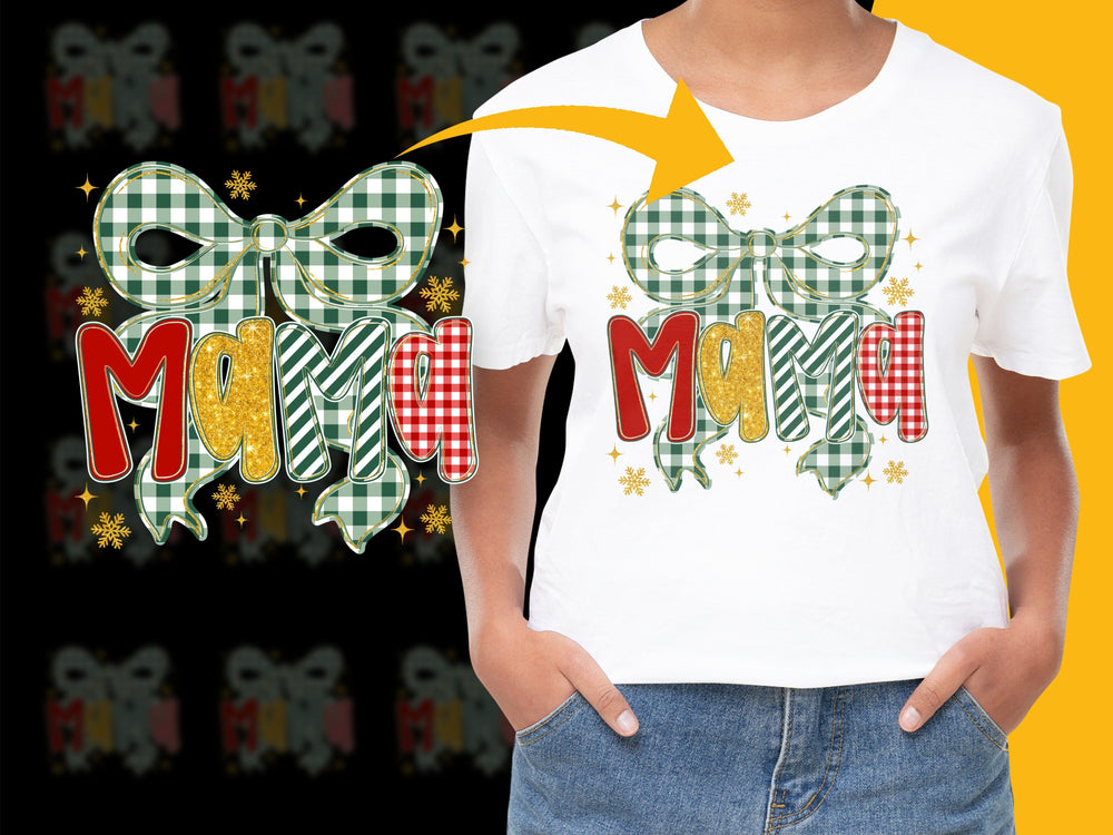 Festive Merry Christmas T-Shirt, Plaid Bow Holiday Tee, Women's Casual Fashion Top, Sparkling Gold Snowflakes Design