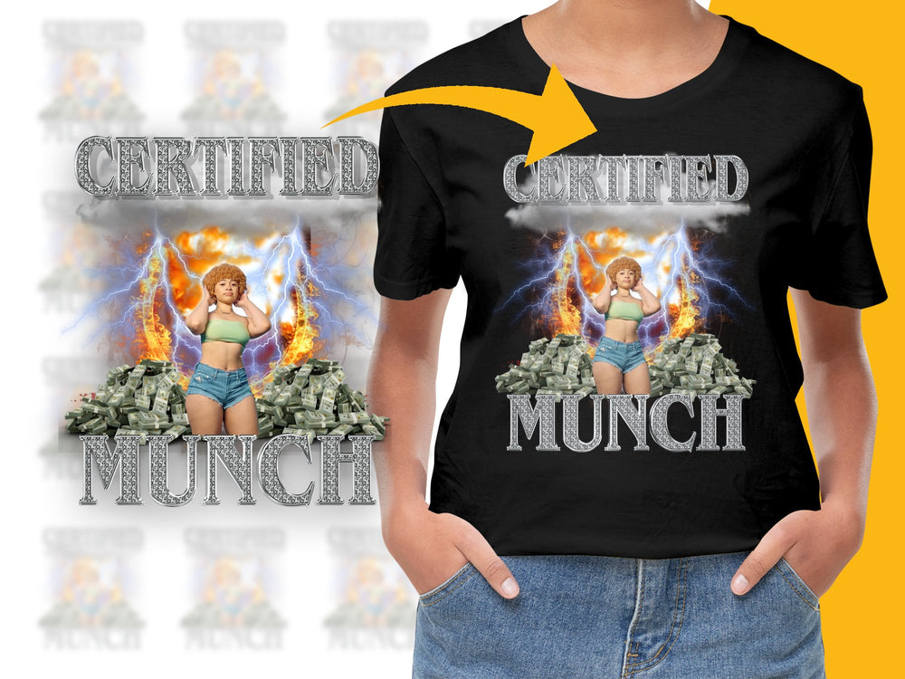 Certified Munch Fantasy Graphic T-Shirt, Colorful Fire and Money Design, Casual Streetwear Tee
