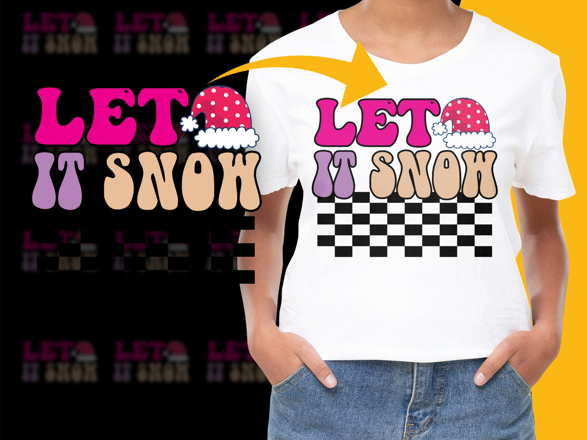 Let It Snow Graphic T-Shirt, Winter Holiday Checkerboard and Mushroom Design, Festive Casual Wear