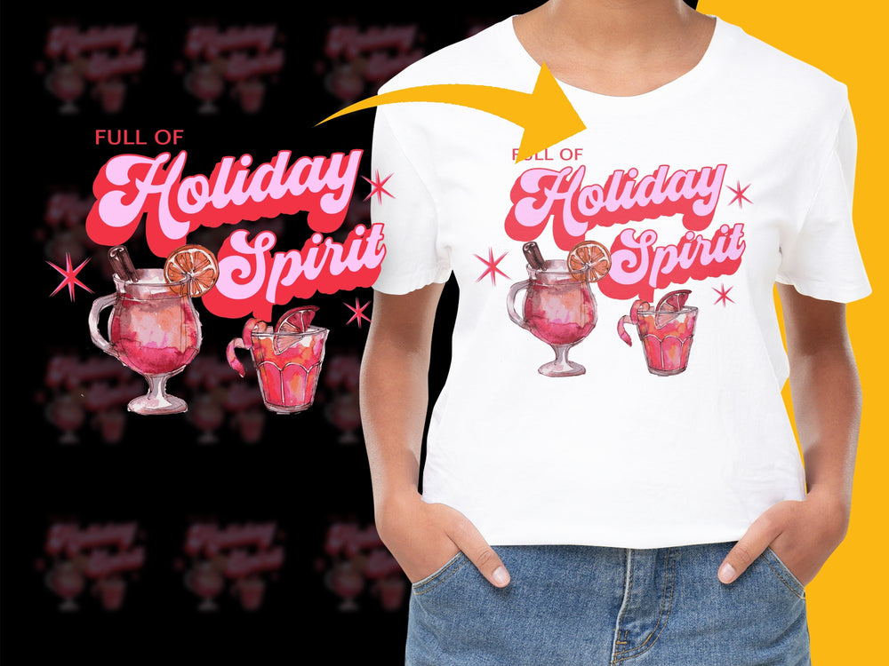 Holiday Spirit T-Shirt, Festive Christmas Drink Graphic Tee, Women's Casual White Shirt