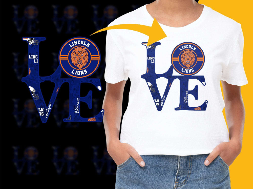 Lincoln Lions Love Graphic T-Shirt, School Spirit Wear, Blue Orange Print, Casual Sports Fan Apparel, Trendy Design Tee