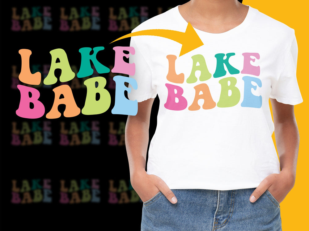 Colorful Lake Babe T-Shirt, Summer Beach Tee, Casual Women's Graphic Top, Vibrant Typography Design