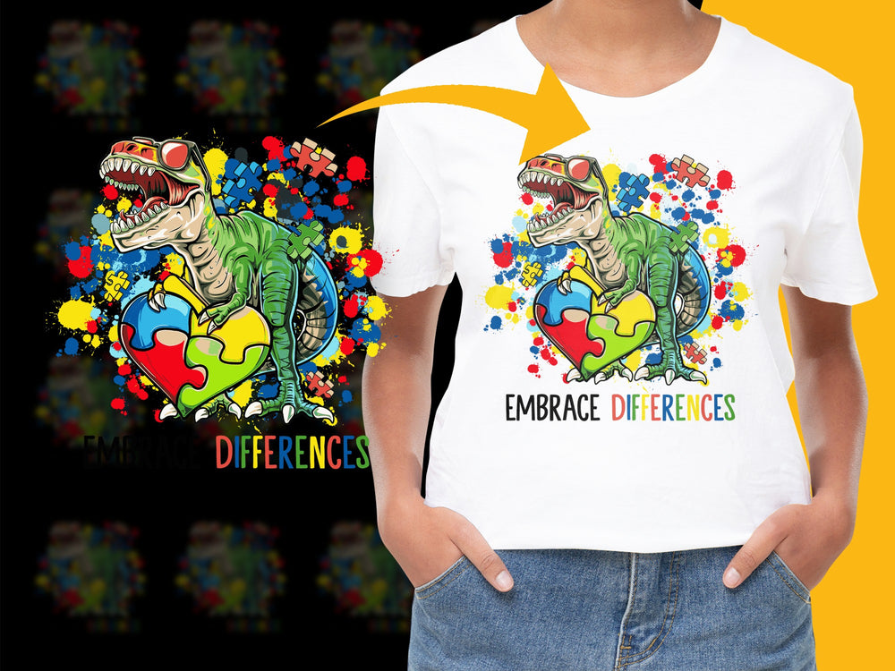 Colorful Dinosaur T-Shirt Embrace Differences Graphic Tee, Unisex Kids Fashion, Trendy Youth Shirt with Heart Design