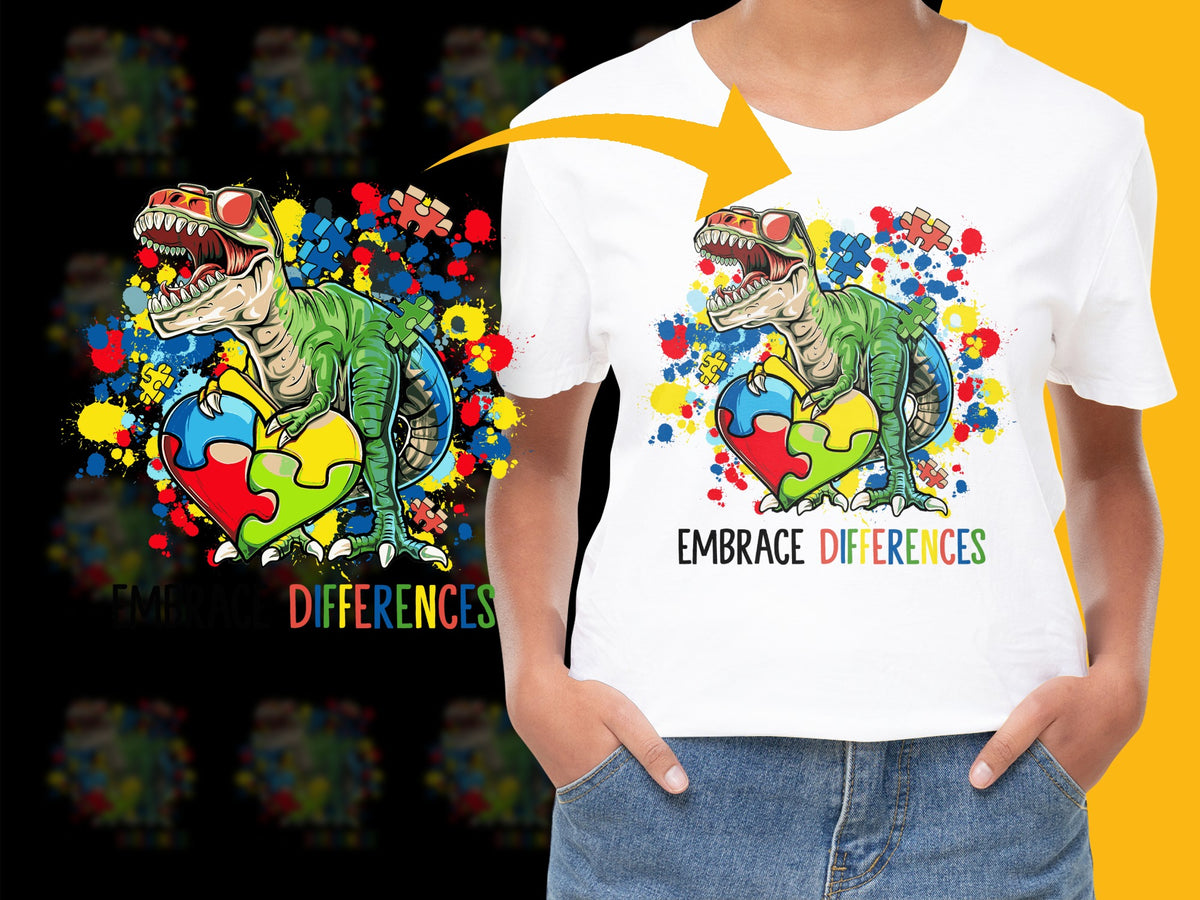 Colorful Dinosaur T-Shirt Embrace Differences Graphic Tee, Unisex Kids Fashion, Trendy Youth Shirt with Heart Design
