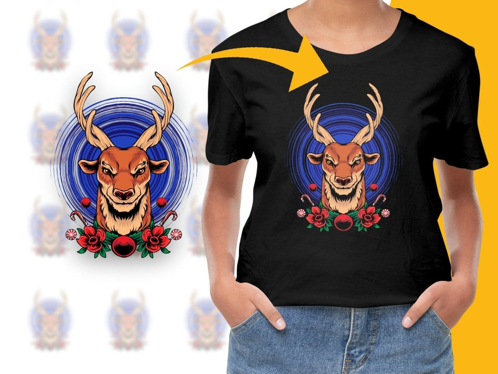 Fierce Reindeer Surrounded By Flowers Christmas PNG File - Teepew