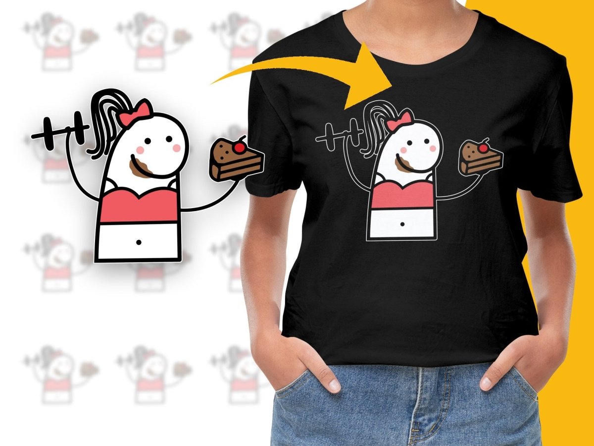 Fun Fitness Girl Balancing Cake and Weight PNG File - Teepew