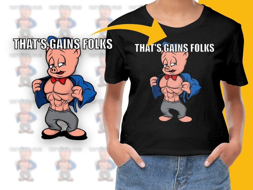Funny Buff Cartoon Pig That's Gains Folks PNG File - Teepew