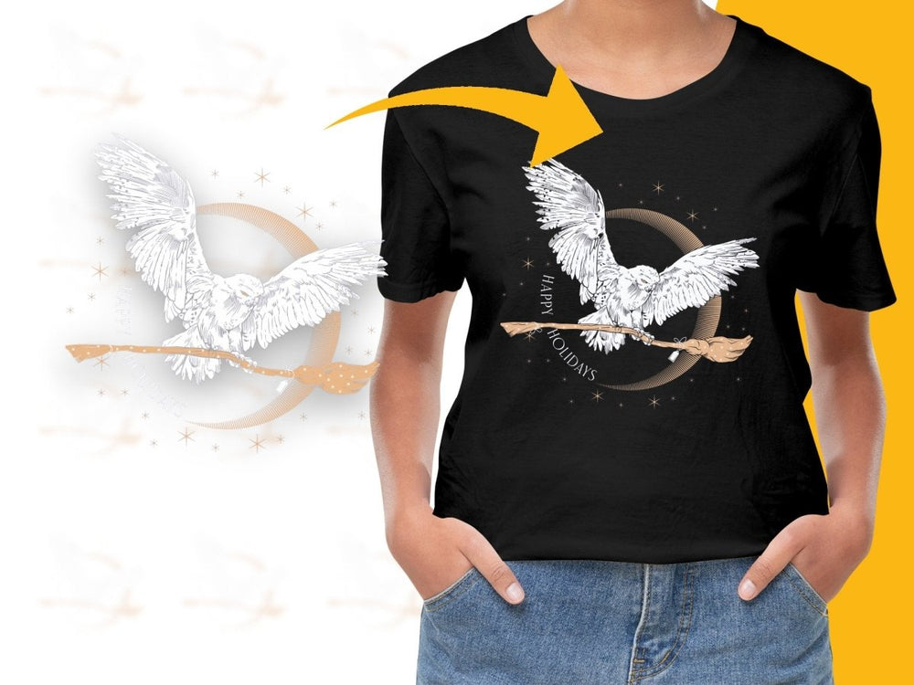 Happy Holidays Owl Flying on Broomstick Christmas Digital - Teepew