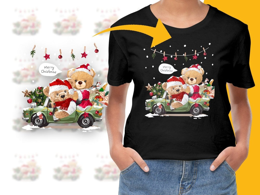 Merry Christmas Teddy Bears in Green Car PNG File - Teepew