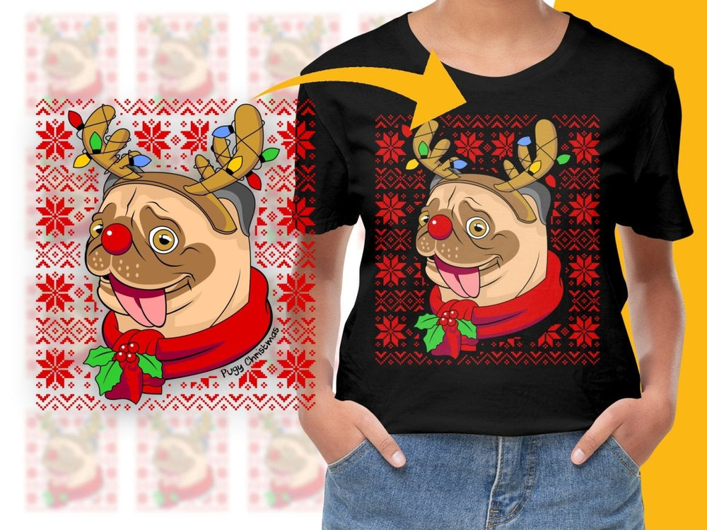 Puggy Christmas Reindeer Lights Red Nose Holiday PNG File - Teepew