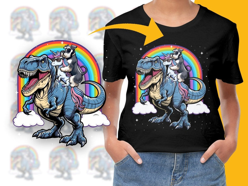 Riding a T Rex with Schnauzer and Unicorn PNG File - Teepew
