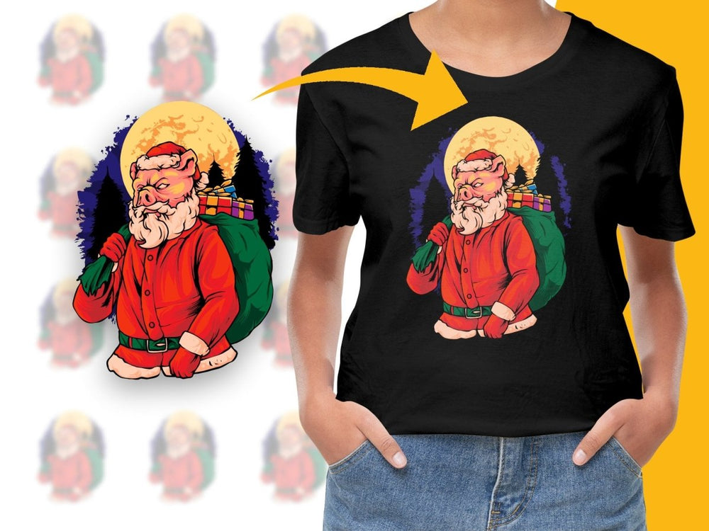 Santa Claus Pig Carrying Gifts Under Full Moon PNG File - Teepew