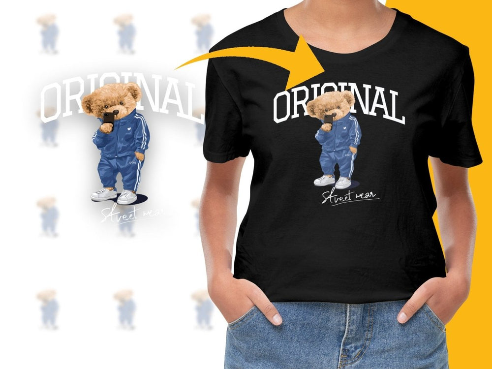 Teddy Bear in Blue Tracksuit Holding a Smartphone PNG File - Teepew