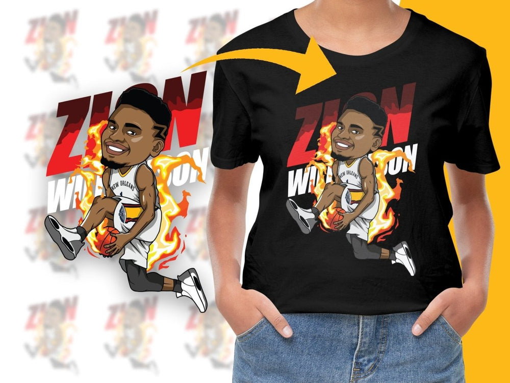 Zion Williamson NBA Player Cartoon With Fiery Background PNG File - Teepew